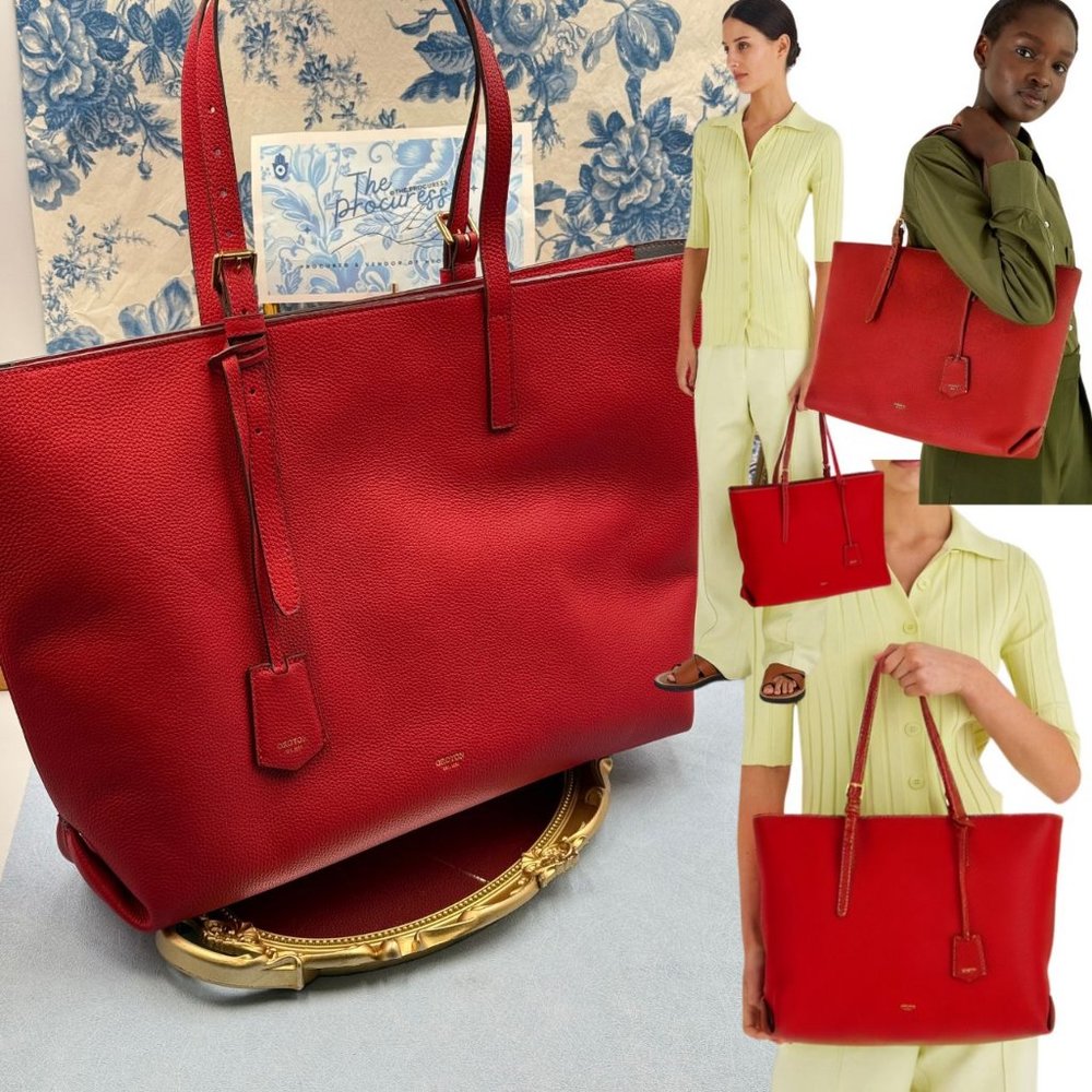 🆕 OROTON 🧿 NWOT Margot Medium Zip Pebbled Leather Tote Bag, Vibrant Red